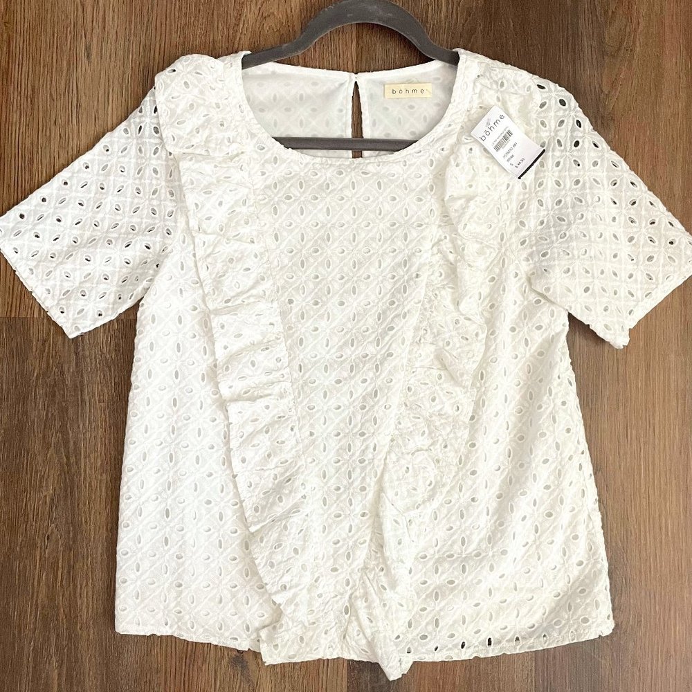NWT Lacy White Blouse w/ Ruffle Detail